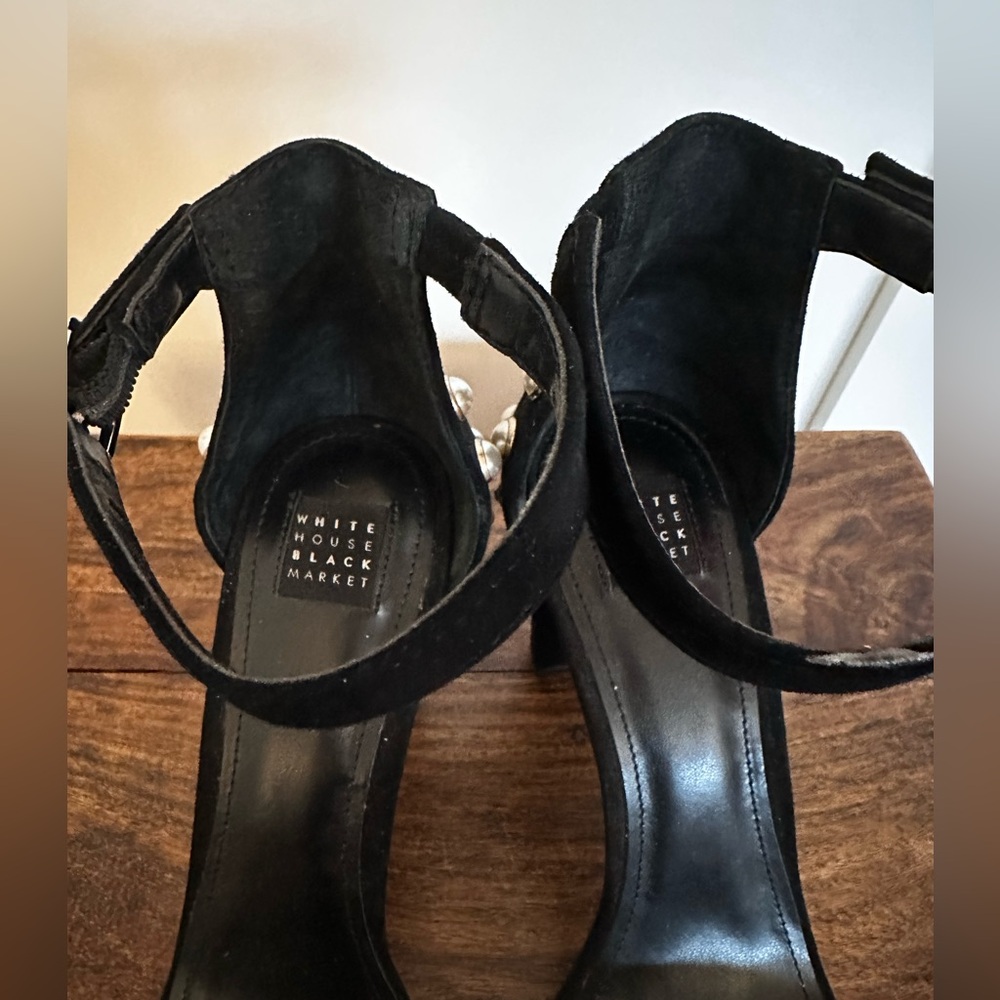 WHBM size 8 block heel sandal—black suede with pearl and rhinestone studs. - Picture 6 of 8